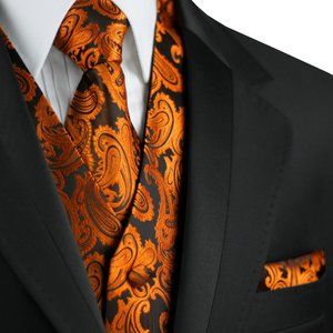 Men's Formal Wedding Prom Tuxedo Vest Tie & Hankie set - Burnt Orange Paisley